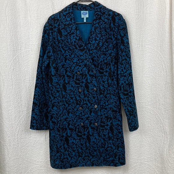 DG2 Diane Gilman Baroque Jacquard Damask Peacoat Trench sz XL Teal Black - Picture 1 of 16
